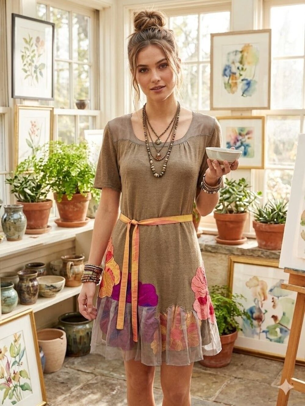 CoVelo Womens Medium Dress Linen Rayon Poppy Floral Beige Art To Wear Lagenlook